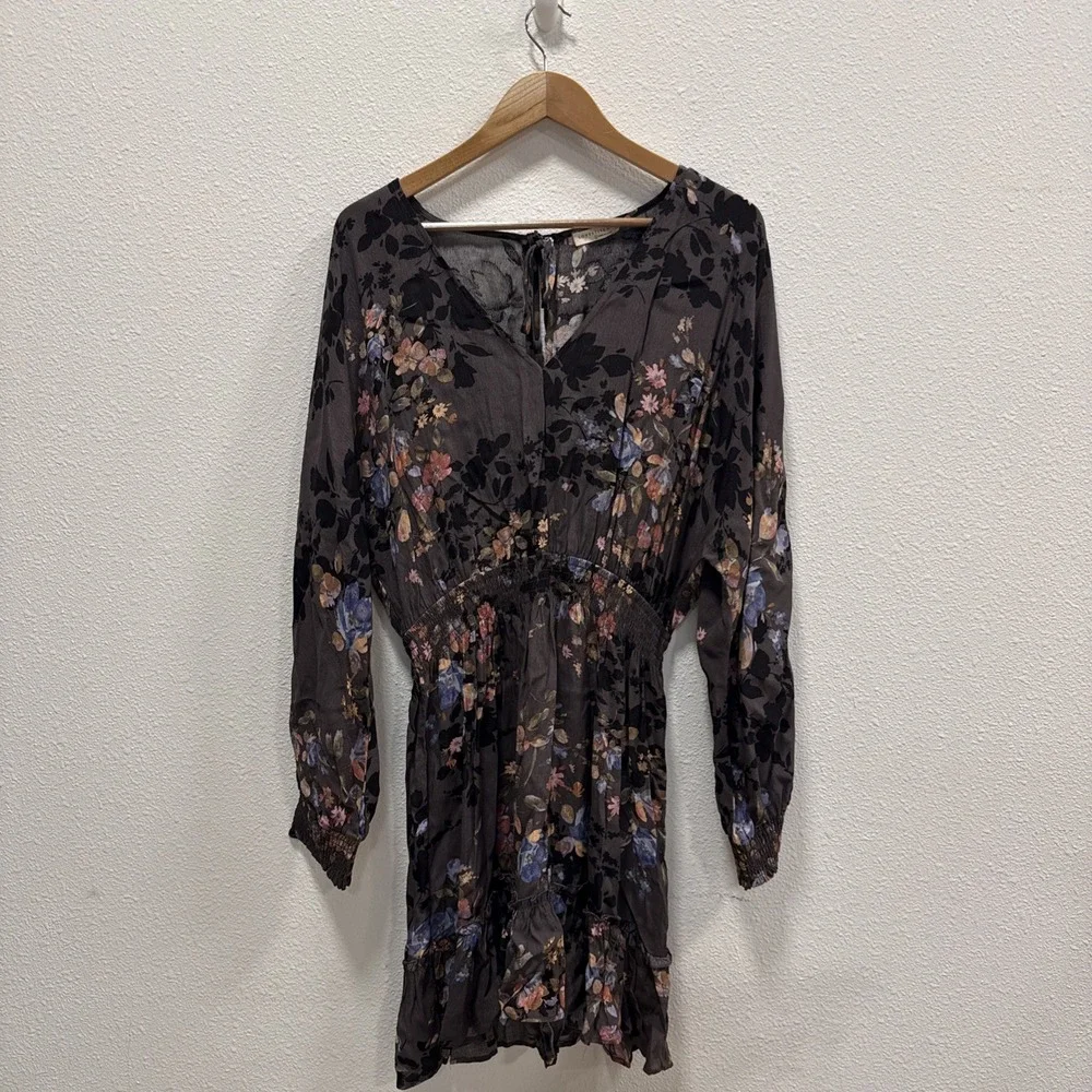Lovestitch Dress Size L. Long sleeve Floral Midi‎ Dresd Smocked Waist Spring